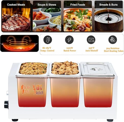 جهاز تدفئة الطعام التجاري ذو 3 مقلاة من CTJ - جهاز تدفئة الطعام على طاولة البخار الكهربائية بقدرة 1500 واط، مقاس 3x5.3 QT من الفولاذ المقاوم للصدأ Bain Marie، مع صنبور تصريف، وطاولة بوفيه للمنزل، وتقديم الطعام، والحفلات، والمطاعم in Kuwait