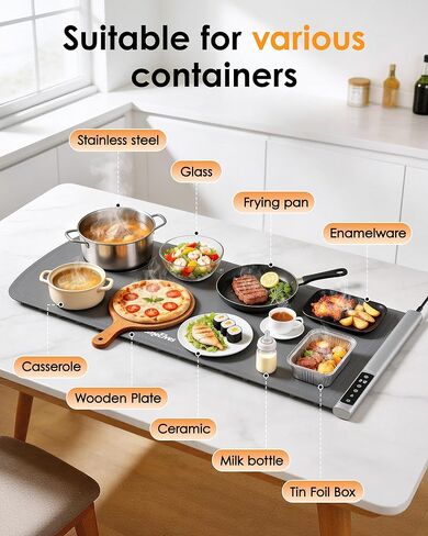 حصيرة تدفئة للطعام مقاس 91.44 سم × 40.64 سم مع حصيرة مقاومة للحرارة، تسخين سريع وكامل للسطح، سخانات الطعام لبوفيه الحفلات، وسادة تسخين محمولة مع 9 إعدادات لدرجة الحرارة ومؤقت 12 ساعة، رمادي in Kuwait