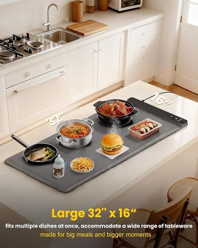حصيرة تدفئة الطعام من الجرافين كبيرة جدًا مقاس 81.28 سم × 40.64 سم مع وسادة عازلة للسطح، وأطباق الغضب للبوفيه، للمطبخ، وسخانات الطعام للحفلات، وسادة تسخين محمولة، إعداد دافئ مخصص 560 وات، رمادي in Kuwait