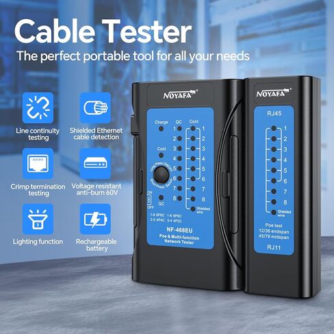 جهاز اختبار كابل الشبكة القابل لإعادة الشحن، جهاز اختبار استمرارية كابل إيثرنت NF-468EU لأداة اختبار أسلاك إيثرنت محمية LAN RJ45/RJ11/RJ12/CAT5/CAT6/CAT7/POE in Kuwait