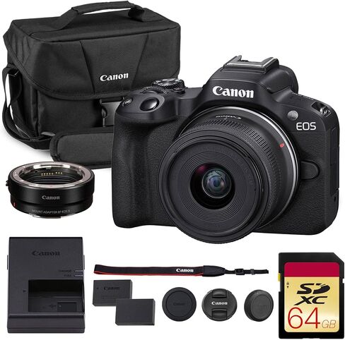 Canon EOS R50 Camera Kit-كاميرا APS-C RF مع عدسة 18-45 ملم ، فيديو 4K ، شاشة تعمل باللمس مزدوجة Pixel AF II & vari-angan (5811C012) + محول Canon EF-EOS R + LP-E17 in Saudi Arabia