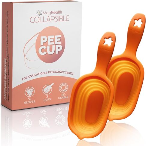 Reusable Pee Cups for Ovulation & Pregnancy Test Strips - 2 Leak-Proof Urine Sample Cups, Collapsible Silicone Design + 5 Disposable Gloves - Conception Aid Kit for Women in Kuwait
