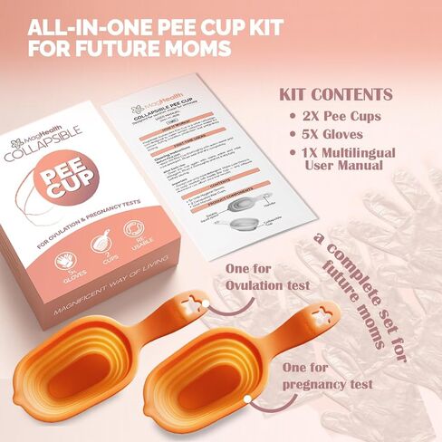 Reusable Pee Cups for Ovulation & Pregnancy Test Strips - 2 Leak-Proof Urine Sample Cups, Collapsible Silicone Design + 5 Disposable Gloves - Conception Aid Kit for Women in Kuwait