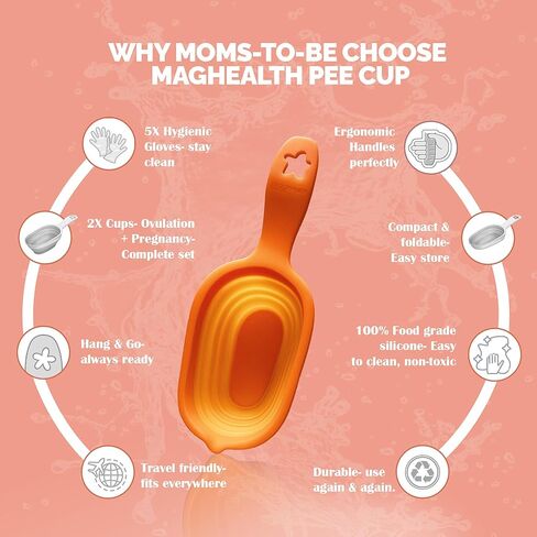 Reusable Pee Cups for Ovulation & Pregnancy Test Strips - 2 Leak-Proof Urine Sample Cups, Collapsible Silicone Design + 5 Disposable Gloves - Conception Aid Kit for Women in Kuwait