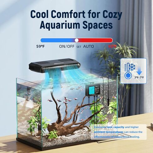 Aquarium Chiller Fan,Fish Tank Cooler with Temperature Control,Minimum Setting 59℉,Auto Start/Stop,Refrigeration Effect 5.4-9℉,3-Speed Modes,for Axolotl Seawater Freshwater Coral Grass Tank in Kuwait