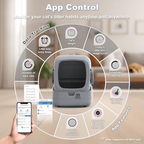 التنظيف الذاتي لصندوق القمامة التلقائي - التحكم في التطبيق ومراقبة الوزن - مربع القطط المتوسطة والقطط المتوسطة والقطط ، وآمن مضاد للقرعة 【التجميع مطلوب】 in Kuwait