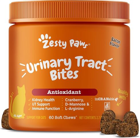 Zesty Paws Cranberry Urinary Tract Bites for Cats - Kidney & Urinary Tract Health - Soft Chews with D-Mannose, Vitamin B6 & L-Arginine - Immune & Gut Support - Bacon - 60 Count in Saudi Arabia
