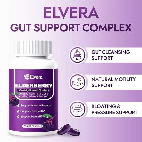 Elvera Elderberry, 3-in-1 Gut Support Complex with Zinc & Vitamin C, Organic Black Elderberry Capsules for Immune Support & Digestive Balance, Vegan & Non-GMO (1pcs) in Saudi Arabia