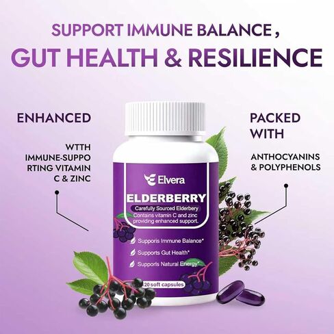 Elvera Elderberry, 3-in-1 Gut Support Complex with Zinc & Vitamin C, Organic Black Elderberry Capsules for Immune Support & Digestive Balance, Vegan & Non-GMO (1pcs) in Saudi Arabia