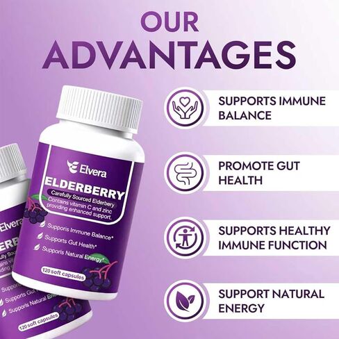 Elvera Elderberry, 3-in-1 Gut Support Complex with Zinc & Vitamin C, Organic Black Elderberry Capsules for Immune Support & Digestive Balance, Vegan & Non-GMO (1pcs) in Saudi Arabia