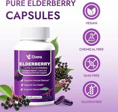 Elvera Elderberry, 3-in-1 Gut Support Complex with Zinc & Vitamin C, Organic Black Elderberry Capsules for Immune Support & Digestive Balance, Vegan & Non-GMO (1pcs) in Saudi Arabia