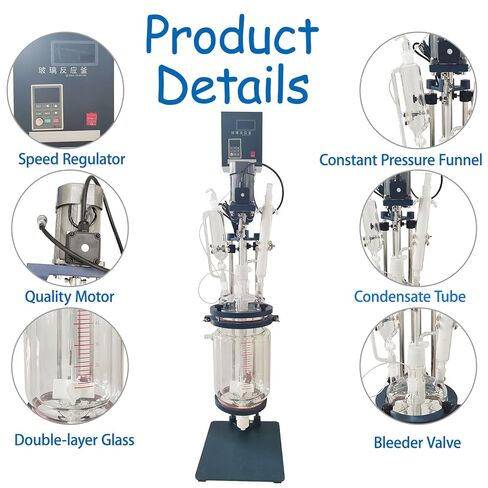 مفاعل مختبر بطبقة مزدوجة سعة 5 لتر مع زجاج بوروسيليليك مرتفع وصمامات PTFE، 220 فولت للتحكم في درجة الحرارة الثابتة، مفاعل زجاجي للمختبر، وعاء مفاعل كيميائي مغلف لتقطير تفاعل المختبر in Kuwait