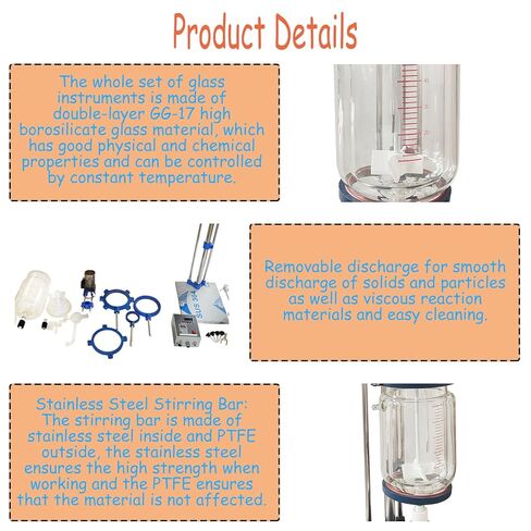 مفاعل مختبر بطبقة مزدوجة سعة 5 لتر مع زجاج بوروسيليليك مرتفع وصمامات PTFE، 220 فولت للتحكم في درجة الحرارة الثابتة، مفاعل زجاجي للمختبر، وعاء مفاعل كيميائي مغلف لتقطير تفاعل المختبر in Kuwait