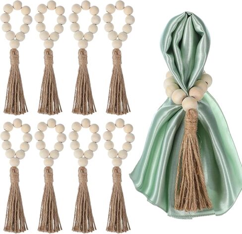 Napkin Rings Set of 8, Boho Wooden Napkin Rings with Jute Rope Tassels, Farmhouse Rustic Napkins Ring for Christmas Thanksgiving Easter Wedding Home Dining Holiday Dinner Party Table Decor in Saudi Arabia