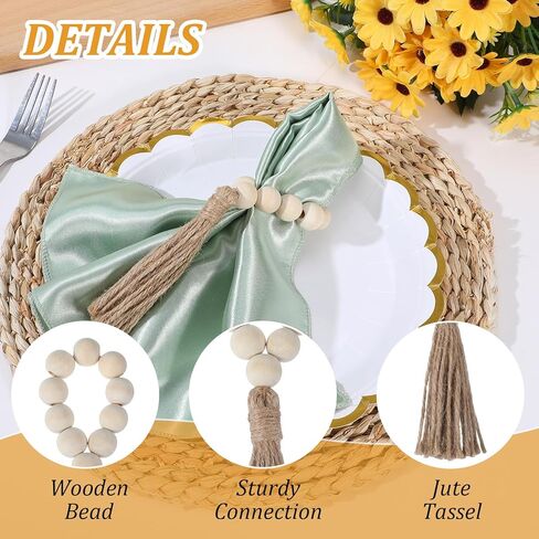 Napkin Rings Set of 8, Boho Wooden Napkin Rings with Jute Rope Tassels, Farmhouse Rustic Napkins Ring for Christmas Thanksgiving Easter Wedding Home Dining Holiday Dinner Party Table Decor in Saudi Arabia