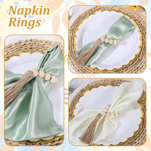 Napkin Rings Set of 8, Boho Wooden Napkin Rings with Jute Rope Tassels, Farmhouse Rustic Napkins Ring for Christmas Thanksgiving Easter Wedding Home Dining Holiday Dinner Party Table Decor in Saudi Arabia