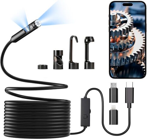 كاميرا منظار مزدوجة العدسة مع ضوء، POLEDY 1920P HD Borescope، 8 مصابيح LED قابلة للتعديل، مقاومة للماء IP67، كاميرا ثعبان بطول 16.4 قدم، فحص كابل شبه صلب لأجهزة Android وiOS in Kuwait