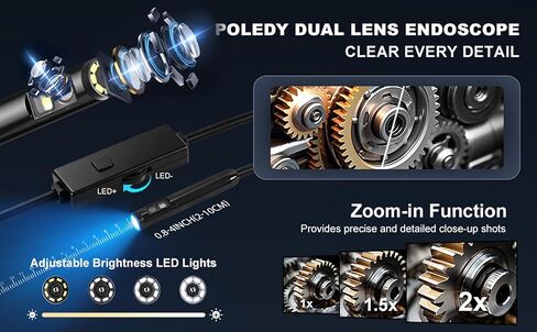 كاميرا منظار مزدوجة العدسة مع ضوء، POLEDY 1920P HD Borescope، 8 مصابيح LED قابلة للتعديل، مقاومة للماء IP67، كاميرا ثعبان بطول 16.4 قدم، فحص كابل شبه صلب لأجهزة Android وiOS in Kuwait