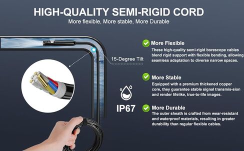 كاميرا منظار مزدوجة العدسة مع ضوء، POLEDY 1920P HD Borescope، 8 مصابيح LED قابلة للتعديل، مقاومة للماء IP67، كاميرا ثعبان بطول 16.4 قدم، فحص كابل شبه صلب لأجهزة Android وiOS in Kuwait