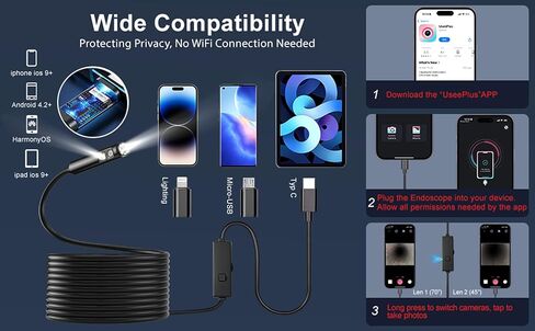 كاميرا منظار مزدوجة العدسة مع ضوء، POLEDY 1920P HD Borescope، 8 مصابيح LED قابلة للتعديل، مقاومة للماء IP67، كاميرا ثعبان بطول 16.4 قدم، فحص كابل شبه صلب لأجهزة Android وiOS in Kuwait