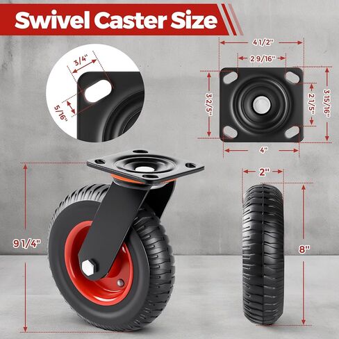 مجموعة عجلات هوموين 8 بوصة مكونة من 4 عجلات مطاطية صلبة متينة لجميع التضاريس بسعة 2200 رطل، عجلات دوارة للطرق الوعرة، عجلات صناعية للأثاث، العربة، حظيرة الدجاج، منضدة العمل، دوللي in Kuwait