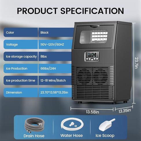 COWSAR Commercial Ice Maker Machine, 65Lbs/24H Freestanding Undercounter Ice Maker with 8Lbs Storage Capacity, Self-Cleaning Ice Machine for Home, Bar, Restaurant, Office, Outdoor, Stainless Steel in Kuwait