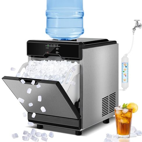 Nugget Ice Maker Countertop Dual Water Inlet Options, 60Lbs/24H Columnar Ice Maker Machine with Self-Cleaning, Pellet Chewable Crunchable Ice Machine with Ice Scoop&Basket for Home/Kitchen/Office in Saudi Arabia