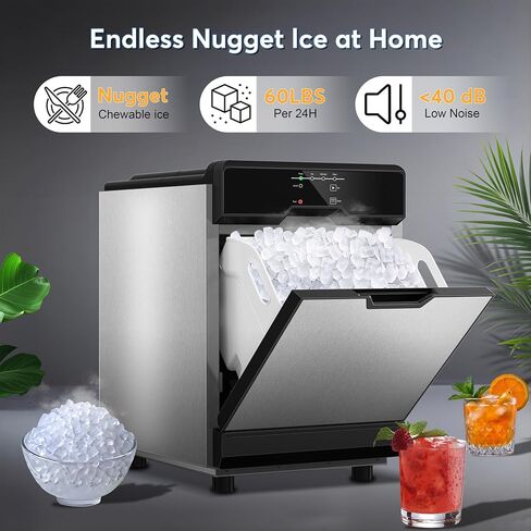Nugget Ice Maker Countertop Dual Water Inlet Options, 60Lbs/24H Columnar Ice Maker Machine with Self-Cleaning, Pellet Chewable Crunchable Ice Machine with Ice Scoop&Basket for Home/Kitchen/Office in Saudi Arabia