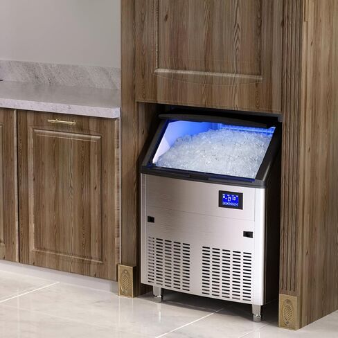 آلة صنع الثلج التجارية من Coolake بقدرة 450 رطلًا/24 ساعة مع تخزين 130 رطلًا، صانعة ثلج من الفولاذ المقاوم للصدأ تحت المنضدة، فلتر مياه لإزالة الترسبات، ثلج جاهز في 5-15 دقيقة للبار المنزلي، موافقة وزارة الطاقة ETL in Kuwait