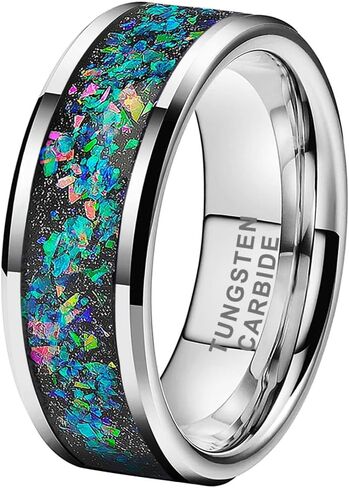 TUTISS 6mm 8mm Silver/Black Tungsten Rings for Men Women Couple Genuine Galaxy Opal Inlay Fashion Jewelry Engagement Wedding Bands Beveled Polished Shiny Comfort Fit in Kuwait