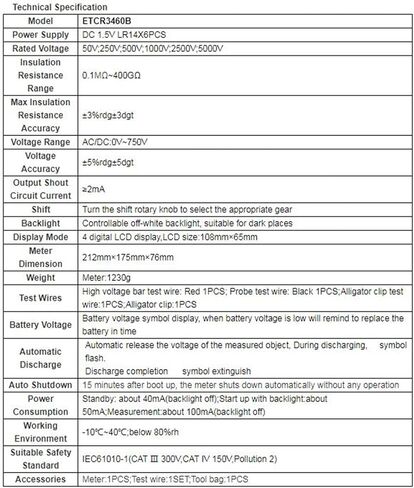 Earth Ground Resistance Tester ETCR3460B 5000V,0.1Mohm - 400Gohm,AC/DC0V-750V High Performance Hv Insulation Resistance Tester in Kuwait