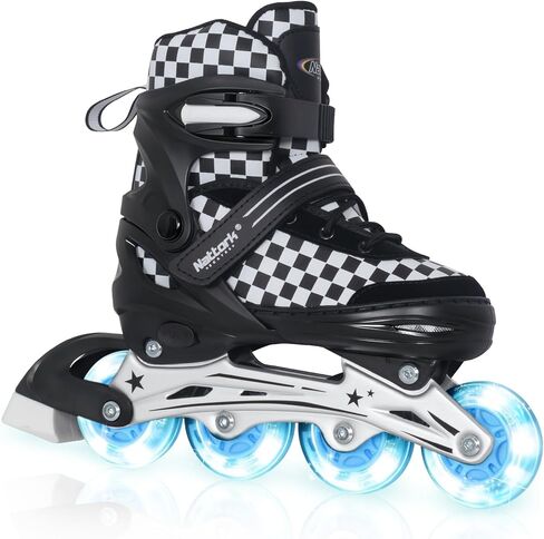 Nattork Adjustable Inline Skates for Kids Teens, Illuminating Wheels Blades Roller Skates with Checkerboard Design for Boys Girls in Saudi Arabia