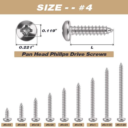 #4 x 1/4" Pan Head Phillps Drive Self Tapping Screws, 304 Stainless Steel, Cross Recessed Pan Head Wood Screws, Sheet Metal Tek Screws, 100 PCS in Saudi Arabia