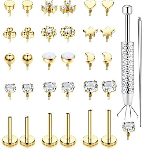 16G 18G Flat Back Stud Earrings for Women - Hypoallergenic Surgical Steel Internal Thread Stud Piercing Jewelry for Tragus Helix Cartilage Conch Nose 14K Gold Plated Lip Labret Medusa Piercing Silver in Saudi Arabia