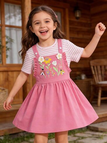 Girl's 2 Piece Outfit Printed Flower Dress with Striped Short Sleeve T Shirt, Summer Clothes Sets for 4-7 Years Kids in Saudi Arabia