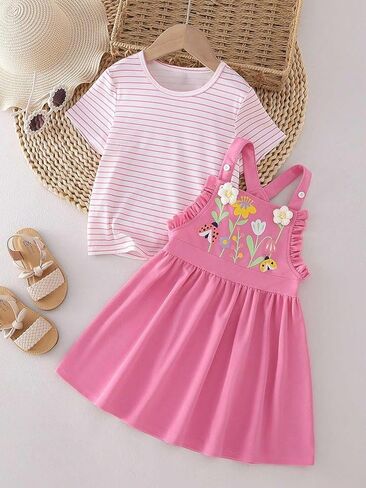 Girl's 2 Piece Outfit Printed Flower Dress with Striped Short Sleeve T Shirt, Summer Clothes Sets for 4-7 Years Kids in Saudi Arabia
