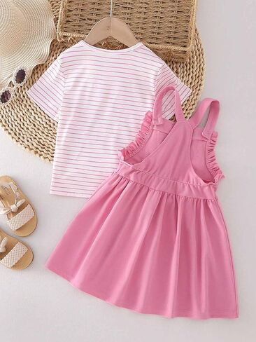 Girl's 2 Piece Outfit Printed Flower Dress with Striped Short Sleeve T Shirt, Summer Clothes Sets for 4-7 Years Kids in Saudi Arabia