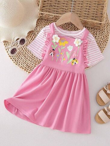 Girl's 2 Piece Outfit Printed Flower Dress with Striped Short Sleeve T Shirt, Summer Clothes Sets for 4-7 Years Kids in Saudi Arabia