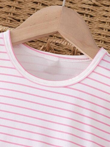 Girl's 2 Piece Outfit Printed Flower Dress with Striped Short Sleeve T Shirt, Summer Clothes Sets for 4-7 Years Kids in Saudi Arabia