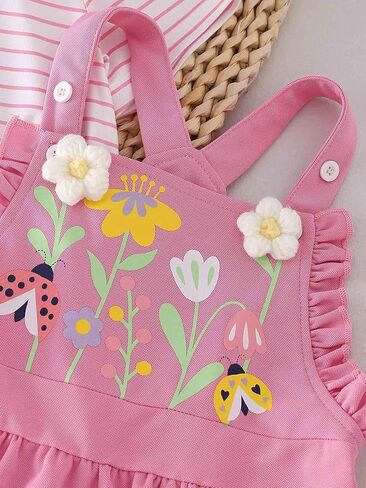 Girl's 2 Piece Outfit Printed Flower Dress with Striped Short Sleeve T Shirt, Summer Clothes Sets for 4-7 Years Kids in Saudi Arabia