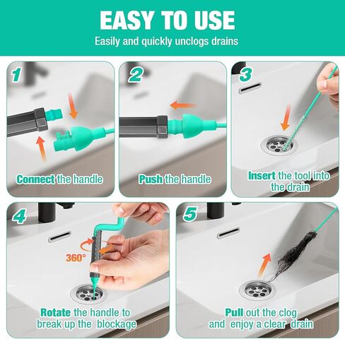 مقبض دوار لتصريف الثعبان - مزيل سدادات تصريف الشعر بسلك فولاذي 40 بوصة، ثعبان سباكة مرن شديد التحمل للاستحمام والحوض والمرحاض والحمام والمطبخ أداة تنظيف الصرف (6 قطع) in Kuwait