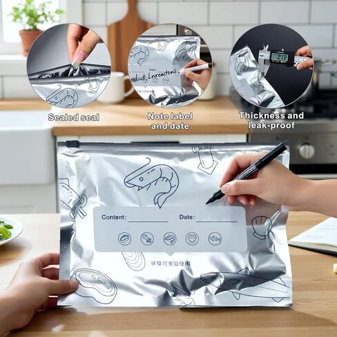 40 قطعة من أكياس تجميد رقائق الألومنيوم القابلة لإعادة الاستخدام، أكياس تخزين بسحاب قابلة للإغلاق للطعام وإعداد الوجبات والمطبخ في 3 أحجام (صغير، متوسط، كبير) in Kuwait