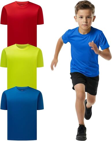 3-Pack Neon Shirts for Boys, Kids Dry Fit UPF 50+ Short Sleeve Rash Guard T Shirts, Youth Athletic Training Tee for Girls in Saudi Arabia