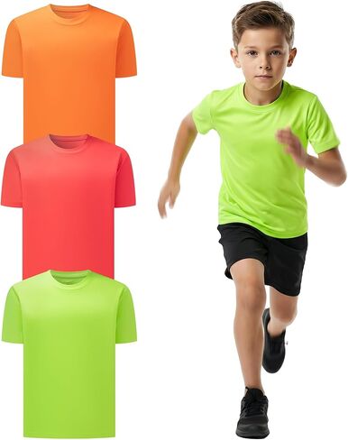 3-Pack Neon Shirts for Boys, Kids Dry Fit UPF 50+ Short Sleeve Rash Guard T Shirts, Youth Athletic Training Tee for Girls in Saudi Arabia