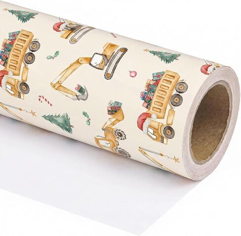 SaringSwoon Construction Christmas Wrapping Paper Roll for Kids - Holiday Xmas Wrapping Paper with Dump Trucks, Cranes, Excavators with Santa Hats & Gifts, Christmas Tree - 17.5 Inches * 16.5 Ft in Kuwait