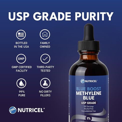 مكملات Nutricel محلول سائل 1% من الميثيلين الأزرق - موثوق به صنع في أمريكا - (درجة دستور الأدوية الأمريكي) - تم اختباره من قبل طرف ثالث (4 أونصة) in Kuwait