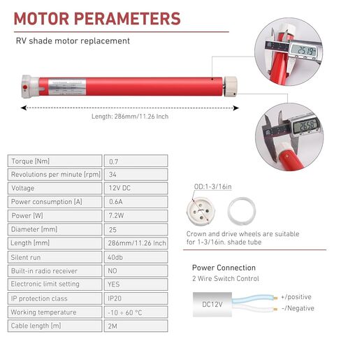 Rollerhouse 2 Wire Switch Controlled Motor Electric Roller Motor Hard Wired 12V DC Motors for RV Electric Roller Shade, Working for 1-3/16" Roller Tube in Kuwait