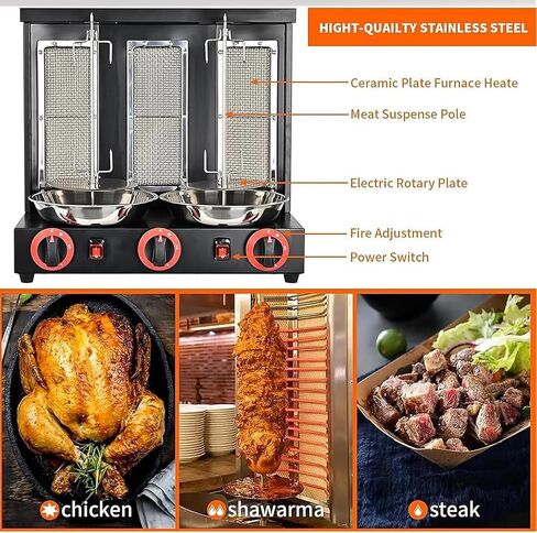 BBQ Meat Machine,Commercial Vertical Kebab Doner Meat Infrared Grill with Spatula,3 Burners,Tempe 50-300℃,Dual Control Heating in Kuwait