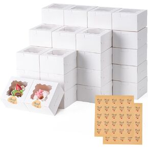 50pcs Cookie Boxes with Window, 4x4x2.5 Inches Bakery Boxes with 50pcs Stickers for Cookies, Bakery, Desserts, Candy, Chocolate Covered Strawberries, Mini Cake (White) in Kuwait