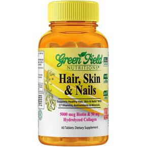 Greenfield Nutritions Halal Biotin Tablet for Adult - 60 Halal Multivitamin for Hair Skin and Nails - High potency 5000mcg Biotin with 50mg Collagen and Minerals - Gelatin Gluten Free, Non-GMO Vitamin in Kuwait